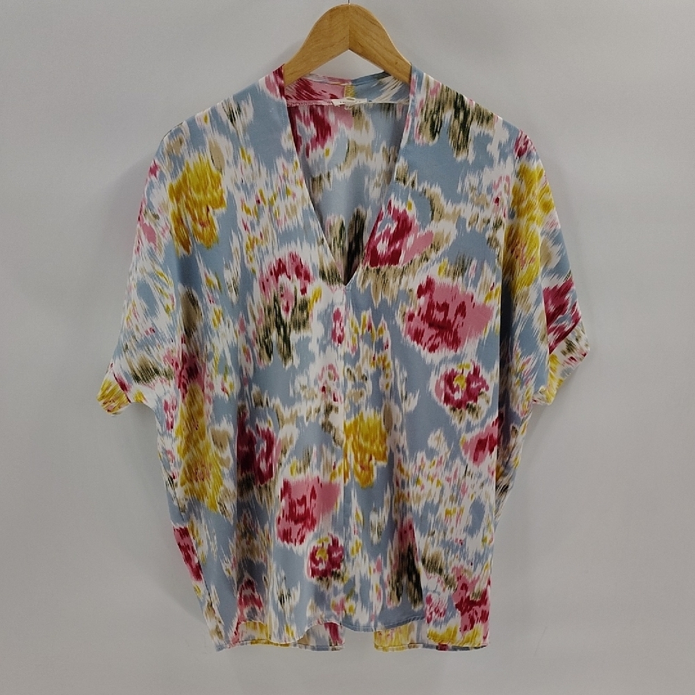 Jodifl Blouse Size Small Oversized Multicolor V Neck Blue Pink Yellow Print